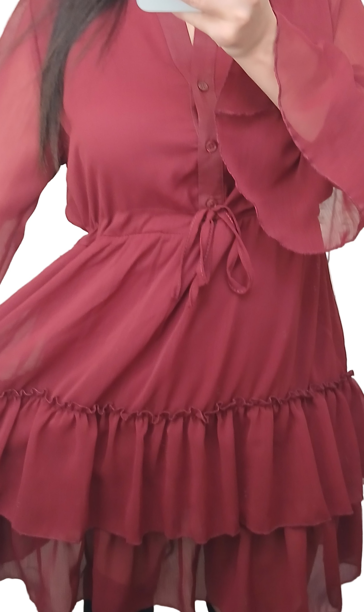 Robe bohème bordeaux en mousseline à volants-Automne-Fashion Muse Avenue