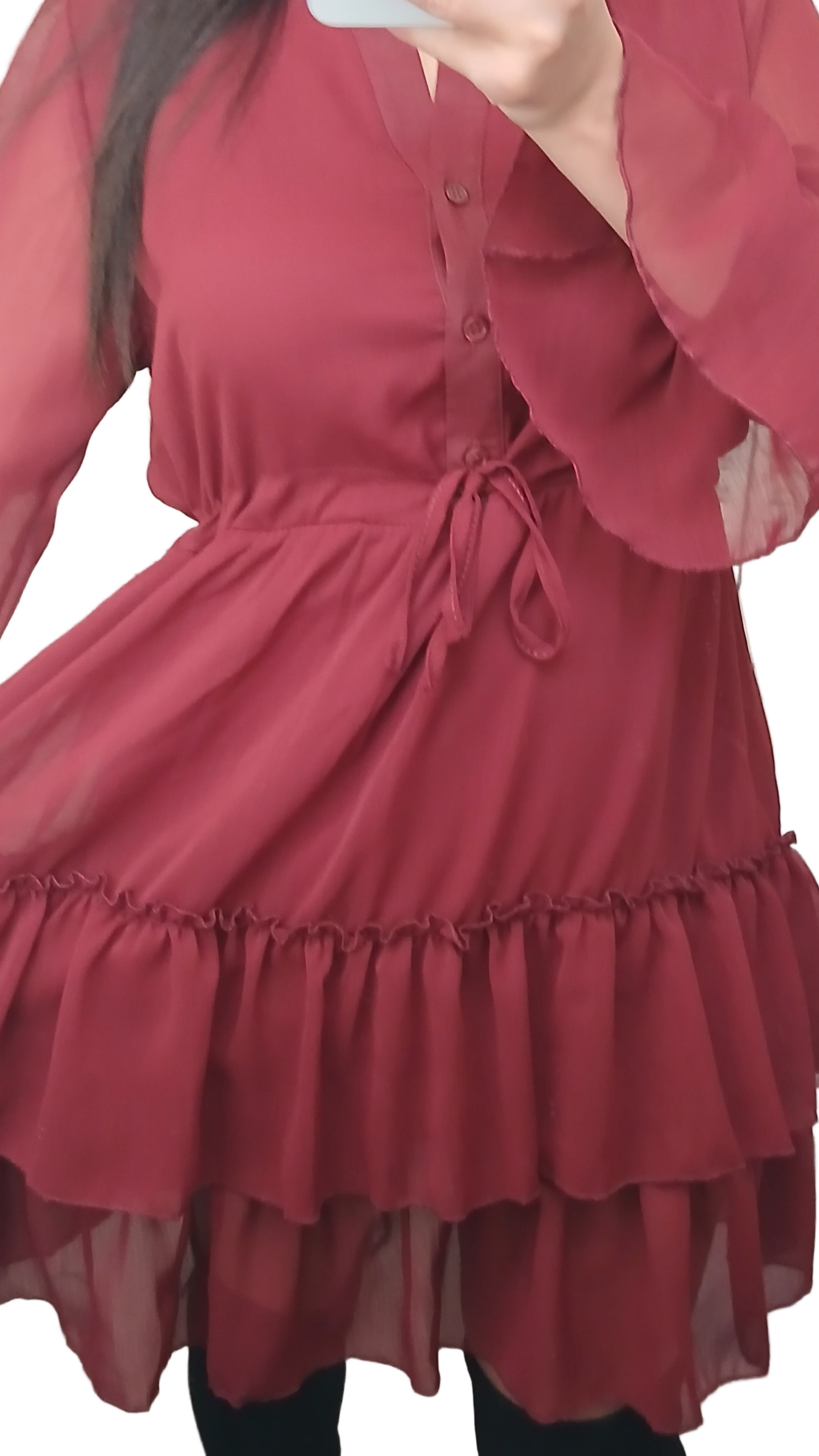 Robe bohème bordeaux en mousseline à volants-Automne-Fashion Muse Avenue