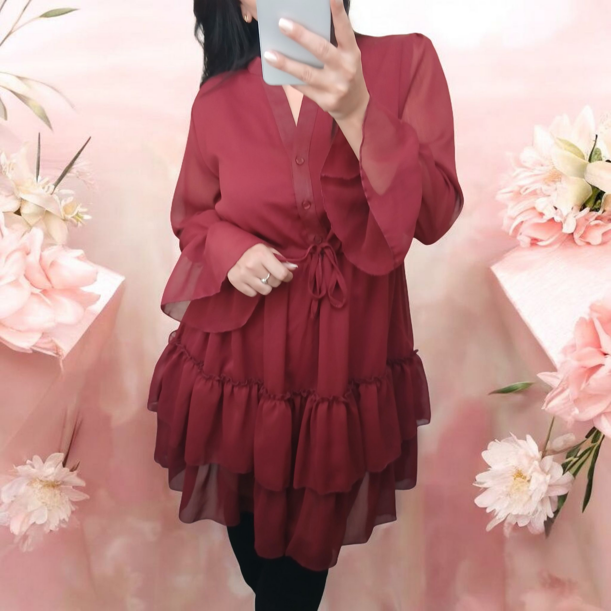 Robe bohème bordeaux en mousseline à volants-Automne-Fashion Muse Avenue