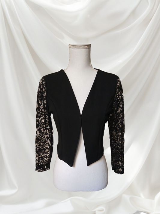 Veston noir court femme – Blazer élégant à manches en dentelle soirée