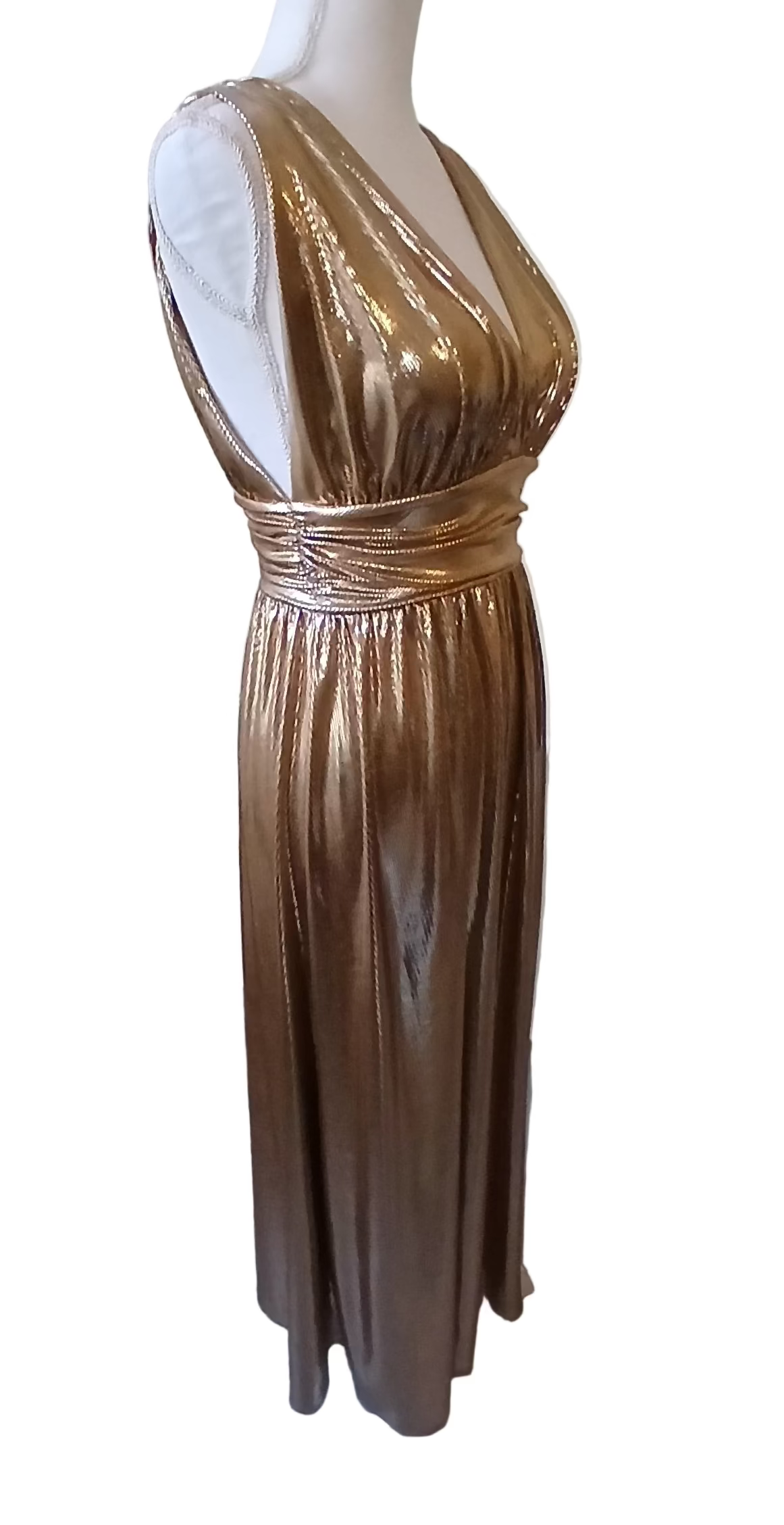 Robe de soirée longue dorée fendue en tissu brillant – Élégante et glamour