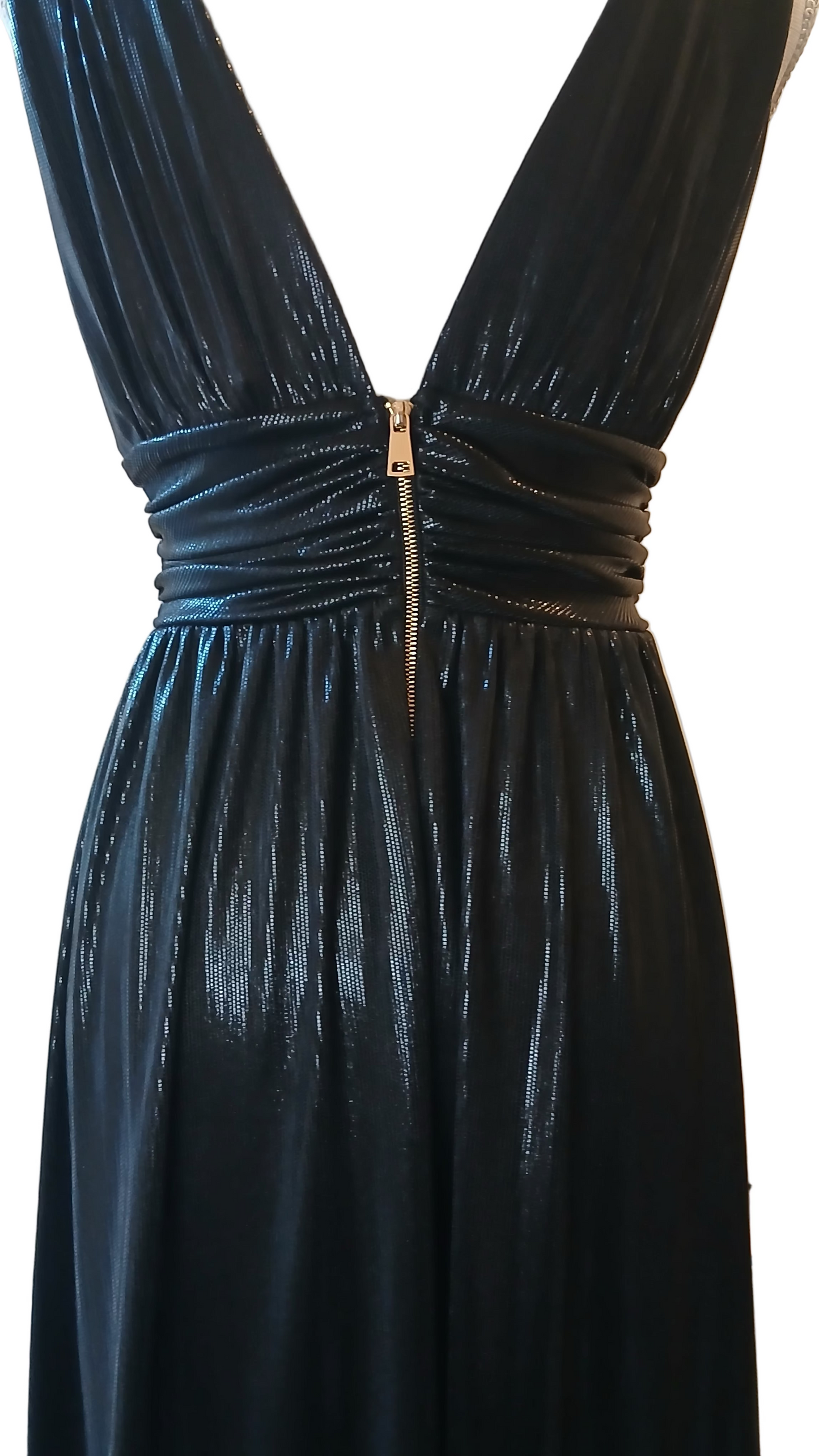 Robe de soirée longue noire fendue en tissu brillant – Élégante et glamour