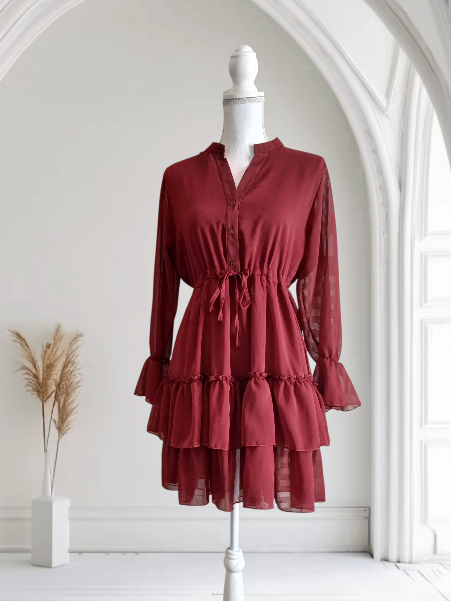 Robe bohème bordeaux en mousseline à volants-Automne-Fashion Muse Avenue