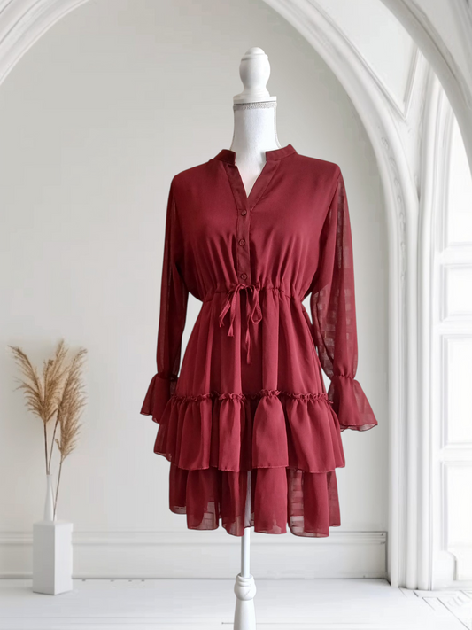 Robe bohème bordeaux en mousseline à volants-Automne-Fashion Muse Avenue