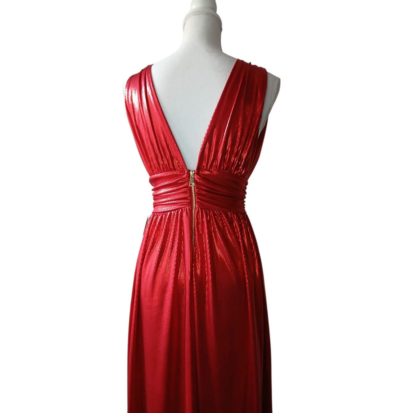 Robe de soirée longue rouge fendue en tissu brillant – Élégante et glamour