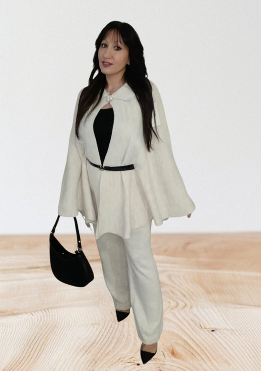 Ensemble Maille Beige Femme – Cape Cardigan Ceinturée & Pantalon Chic | Fashion Muse Avenue