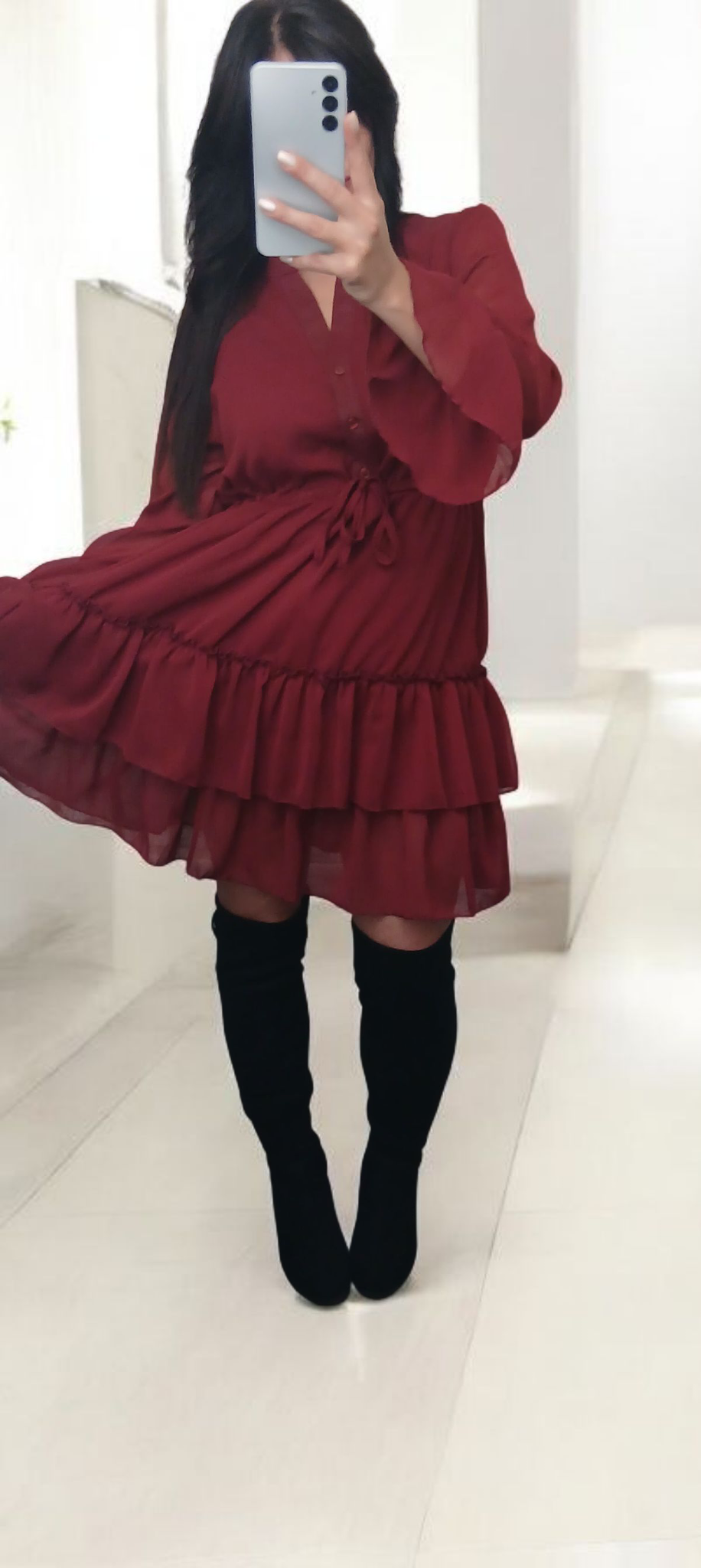 Robe bohème bordeaux en mousseline à volants-Automne-Fashion Muse Avenue